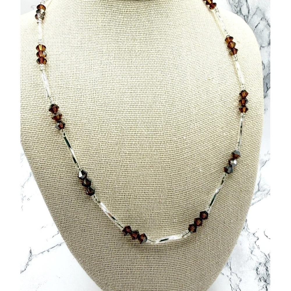 Brown Glass Bead Choker Necklace 15" Silver Tube Accents Minimalist